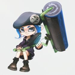 Rule 34 | 1boy, beret, bike shorts, blue hair, brown footwear, carbon roller (splatoon), closed mouth, commentary request, cross-laced footwear, glowing, grey eyes, hat, highres, holding, holding weapon, invisible chair, looking at viewer, male focus, medium hair, nintendo, octoling, octoling boy, octoling player character, pppmepl, sailor collar, sailor shirt, shirt, shoes, simple background, sitting, smile, solo, splatoon (series), splatoon 3, tentacle hair, weapon, white background