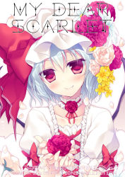 Rule 34 | 1girl, blue hair, blush, bow, cover, cover page, fang, flower, hat, hat bow, hat flower, motomiya mitsuki, petals, red eyes, remilia scarlet, rose, sash, solo, embodiment of scarlet devil, touhou