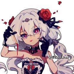Rule 34 | 1girl, artist name, bare shoulders, black dress, black gloves, closed mouth, cup, dress, flower, frilled dress, frills, gloves, holding, holding cup, honkai (series), honkai impact 3rd, long hair, looking at viewer, meadow (morphinecaca), petals, red eyes, red flower, red rose, rose, simple background, solo, spilling, strapless, strapless dress, tea, tearing up, theresa apocalypse, theresa apocalypse (luna kindred), tongue, tongue out, twintails, white background, white hair