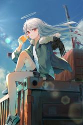 Rule 34 | 1girl, azuazu 0405, bare legs, black shorts, black wings, blue jacket, blue sky, cloud, container, crane (machine), day, drinking, feathered wings, floating hair, fur-trimmed jacket, fur trim, halo, highres, holding, jacket, juice box, knee up, lens flare, long hair, long sleeves, open clothes, open jacket, original, outdoors, red eyes, shirt, shoes, shorts, silver hair, sitting, sky, sneakers, solo, white footwear, white shirt, wind, wings, wings through clothes
