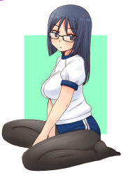 Rule 34 | 1girl, black pantyhose, blue buruma, blush, border, breasts, buruma, character request, copyright request, dot nose, from side, full body, glasses, green background, gym shirt, gym uniform, head tilt, jitome, long hair, looking at viewer, medium breasts, open mouth, outdoors, pantyhose, purple eyes, shirt, short sleeves, sitting, smile, solo, uona telepin, white background, white border, white shirt