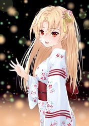 Rule 34 | 1girl, alternate costume, azur lane, blonde hair, cleveland (azur lane), commentary request, floral print, flower, from side, hair flower, hair ornament, hair ribbon, hajika, highres, japanese clothes, kimono, lights, long hair, long sleeves, looking at viewer, night, obi, one side up, open mouth, outdoors, red eyes, ribbon, sash, smile, solo, waving, wide sleeves, yellow ribbon, yukata