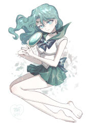 Rule 34 | 1girl, absurdres, back bow, bare arms, bare legs, barefoot, bishoujo senshi sailor moon, blue bow, bow, brooch, choker, circlet, closed mouth, collarbone, deep aqua mirror, fingernails, green choker, green eyes, green hair, green sailor collar, green skirt, head tilt, highres, holding, holding mirror, jewelry, kaiou michiru, long hair, looking at viewer, loveodoro, magical girl, miniskirt, mirror, no gloves, no shoes, pale skin, parted bangs, pleated skirt, sailor collar, sailor neptune, sailor senshi uniform, signature, skirt, smile, solo, toenails, wavy hair, white background