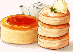 Rule 34 | cheesecake, cream, food, food focus, garnish, kaneko ryou, original, pancake, powdered sugar, simple background, souffle pancake, still life, teapot, white background