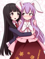 Rule 34 | 2girls, :d, alternate costume, animal ears, black hair, blazer, blush, bow, bowtie, closed mouth, floral background, hair between eyes, highres, houraisan kaguya, hug, jacket, japanese clothes, long hair, long skirt, looking at another, multiple girls, necktie, open mouth, purple hair, rabbit ears, red eyes, red necktie, red skirt, reisen udongein inaba, skirt, smile, touhou, tsukimirin, white bow, yuri