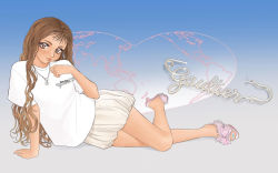Rule 34 | 1990s (style), 1girl, blue nails, blush, brown eyes, brown hair, commentary, english commentary, head tilt, high heels, jean paul gaultier (brand), jewelry, long hair, looking at viewer, lying, nail polish, necklace, official art, on side, original, pink footwear, retro artstyle, shirt, skirt, smile, solo, stitched, third-party edit, toenail polish, toenails, white shirt, white skirt, yue (yung n dum )