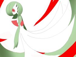 Rule 34 | 1girl, ame (metorui), arms at sides, bob cut, colored skin, creatures (company), dutch angle, female focus, flat chest, from side, game freak, gardevoir, gen 3 pokemon, green hair, green skin, looking at viewer, multicolored skin, nintendo, pokemon, pokemon (creature), profile, red eyes, short hair, solo, standing, two-tone skin, white background, white skin