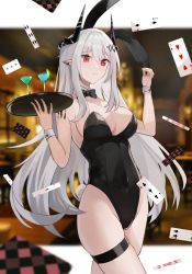 Rule 34 | 1girl, arknights, bow, bowtie, card, cocktail glass, cowboy shot, cup, drinking glass, highres, horns, leotard, material growth, mudrock (arknights), multico, oripathy lesion (arknights), playboy bunny, playing card, pointy ears, red eyes, tray, white hair