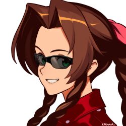 Rule 34 | 1girl, absurdres, aerith gainsborough, artist name, braid, braided ponytail, brown hair, eyes visible through eyewear, final fantasy, final fantasy vii, final fantasy vii rebirth, final fantasy vii remake, from side, green eyes, highres, long hair, looking at viewer, ponytail, smgold, smile, solo, sunglasses, teeth, upper body, white background