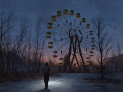 Rule 34 | 6+others, bare tree, building, creature, dusk, ferris wheel, from behind, glowing, glowing eyes, hanged, highres, holding, holding light source, multiple others, original, outdoors, scenery, standing, stefan koidl, tree