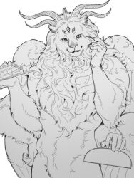 Rule 34 | 1boy, cake, cowboy shot, demon horns, dungeon meshi, extra arms, extra eyes, feathered wings, food, fruit, furry, furry male, hands up, highres, holding, holding plate, holding spoon, horns, lion, looking at viewer, male focus, monochrome, multiple horns, plate, serving dome, smile, solo, spoilers, spoon, strawberry, white background, winged animal, winged lion (dungeon meshi), wings, wushutaichuitousangqideyizhichong