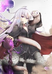 Rule 34 | 1girl, ahoge, black jacket, black pants, black shirt, breasts, cape, cleavage, closed mouth, commentary request, elf, fur trim, hair between eyes, highres, jacket, long hair, looking at viewer, odeclea, open clothes, open jacket, original, pants, pantyhose, pointy ears, purple eyes, red cape, shirt, silver hair, small breasts, snake, solo, staff, very long hair, white snake