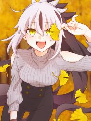 1girl absurdres autumn_leaves bare_shoulders black_hair black_pants breasts buttons fate/grand_order fate_(series) ginkgo_tree green_eyes highres holding holding_leaf kogemu_(kgm_3) leaf looking_at_viewer multicolored_hair nagao_kagetora_(fate) pants ponytail smile solo sweater tree uesugi_kenshin_(fate) white_hair