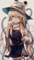 Rule 34 | 1girl, absurdres, blonde hair, blush, brown headwear, colored eyelashes, commentary request, cowboy shot, grey background, grin, hair between eyes, hair ribbon, hand up, highres, long hair, long sleeves, looking at viewer, maho moco, miniskirt, moriya suwako, purple skirt, purple vest, red ribbon, ribbon, shirt, sidelocks, skirt, skirt set, smile, snake, solo, standing, thighhighs, touhou, vest, white shirt, wide sleeves, yellow eyes
