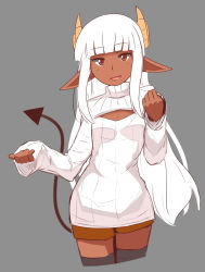 Rule 34 | 1girl, black thighhighs, cleavage cutout, clothing cutout, cowboy shot, cropped legs, dark-skinned female, dark skin, demon girl, demon tail, flat chest, grey background, highres, horns, long hair, looking at viewer, meme attire, niseoto, open-chest sweater, original, pointy ears, red eyes, ribbed sweater, shorts, simple background, sleeves past wrists, smile, solo, sweater, tail, thighhighs, turtleneck, white hair