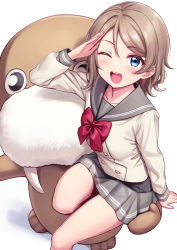 Rule 34 | 1girl, blue eyes, blush, bow, bowtie, breasts, brown hair, buttons, deadnooodles, double-breasted, from above, grey jacket, grey skirt, highres, jacket, looking at viewer, love live!, love live! sunshine!!, medium breasts, one eye closed, pleated skirt, red bow, red bowtie, round teeth, sailor collar, salute, skirt, smile, solo, teeth, thighs, upper teeth only, walrus, watanabe you, white background