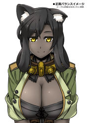 Rule 34 | 1girl, animal ears, bell stliker, black hair, black skin, blush, breasts, cleavage, cleavage cutout, clothing cutout, colored skin, dark-skinned female, dark skin, female focus, large breasts, long hair, looking at viewer, monster girl, original, pixiv fantasia, pixiv fantasia t, simple background, smile, solo, translation request, tsukinami kousuke, upper body, white background, wolf ears, yellow eyes