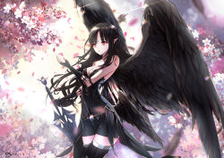 Rule 34 | 1girl, absurdres, alternate costume, alternate eye color, alternate hair color, armor, armored dress, artist request, aselica (king&#039;s raid), bare shoulders, black hair, breasts, cherry blossoms, cleavage, dress, fingerless gloves, gloves, highres, king&#039;s raid, large breasts, long hair, multiple wings, open mouth, pointy ears, red eyes, short dress, solo, sword, thighhighs, weapon, wings