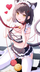 Rule 34 | 1girl, :d, ahoge, animal ear fluff, animal ears, bare shoulders, bell, bikini, bikini top only, black bikini, black hair, black skirt, breasts, cat ears, cat girl, cat tail, cleavage, collar, collarbone, diamond-shaped pupils, diamond (shape), fang, frilled bikini, frills, hair ornament, hairclip, hands up, heart, jingle bell, keis (locrian1357), large breasts, layered skirt, looking at viewer, maid, maid headdress, midriff, miniskirt, navel, no shoes, open mouth, original, pleated skirt, short hair, sitting, skirt, smile, solo, stomach, swimsuit, symbol-shaped pupils, tail, thighhighs, wariza, wavy mouth, white thighhighs, yarn, yarn ball, yellow eyes, zettai ryouiki