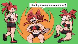 Rule 34 | 00s, 1girl, black footwear, black shorts, breasts, creatures (company), flannery (pokemon), game freak, gym leader, multiple views, muscular, muscular female, nintendo, open mouth, pokemon, pokemon rse, red eyes, red hair, shenanimation, shoes, short shorts, shorts, simple background, strapless, sweat, towel, tube top