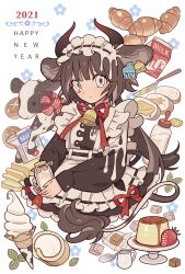 Rule 34 | 1girl, 2021, animal, animal ears, animal print, apron, bell, black dress, bottle, bread, bread slice, brown hair, butter, caramel, chinese zodiac, closed mouth, cow, cow ears, cow girl, cow horns, cow print, cow tail, cropped legs, dress, ear tag, food, frilled apron, frills, hairband, happy new year, highres, holding, holding bottle, horns, ice cream cone, knife, lolita hairband, long sleeves, looking at viewer, meremero, milk bottle, milk carton, mint, nail polish, neck bell, new year, original, pudding, red ribbon, ribbon, smile, solo, spoon, standing, tail, waist apron, white apron, white eyes, year of the ox
