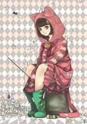 Rule 34 | 1girl, :q, absurdres, animal, animal hood, argyle, argyle background, argyle clothes, bell, boots, brown eyes, brown hair, cat, cat hood, cat teaser, costume, dog, fishing rod, green eyes, green footwear, hair ornament, hairclip, hairpin, highres, hood, jacket, minimized, noja, oversized clothes, ribbon, rubber boots, short hair, sitting, skirt, smile, solo, tail, tongue, tongue out, too many, too many cats