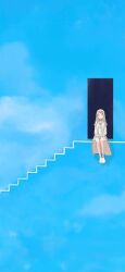 1girl blue_sky camisole doorway full_body gakuen_idolmaster grey_hair highres idolmaster jacket long_hair looking_at_viewer parody shinosawa_hiro sitting sketch sky slime_kouhai smile solo stairs the_truman_show