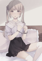 Rule 34 | 1girl, absurdres, bad id, bad pixiv id, black skirt, blouse, blush, brown hair, center frills, commentary request, cuffs, feet out of frame, frilled pillow, frills, grey eyes, grey nails, grey shirt, handcuffs, hands up, highres, long hair, looking at viewer, nail polish, original, over-kneehighs, pillow, puffy short sleeves, puffy sleeves, restrained, shirt, short sleeves, sidelocks, sitting, skirt, solo, thighhighs, tsuruse, twintails, v-shaped eyebrows, very long hair, white thighhighs