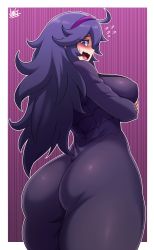 Rule 34 | 1girl, @ @, absurdres, ahoge, alternate breast size, ass, blush, border, breasts, covered erect nipples, creatures (company), dress, embarrassed, from behind, game freak, hairband, hex maniac (pokemon), highres, huge breasts, impossible clothes, impossible dress, jmg, long dress, nintendo, outside border, pokemon, pokemon xy, purple dress, purple hair, purple hairband, sideways mouth, solo, sweatdrop, thick thighs, thighs, white border