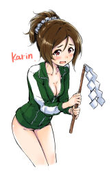Rule 34 | 1girl, blush, bottomless, breasts, brown hair, character name, cleavage, collarbone, cropped legs, domyoji karin, green jacket, hair between eyes, hair ornament, hair scrunchie, hamao, holding, idolmaster, idolmaster cinderella girls, jacket, leaning forward, long hair, long sleeves, open mouth, partially unzipped, ponytail, red eyes, scrunchie, shiny skin, simple background, small breasts, solo, track jacket, wavy mouth, white background, white scrunchie