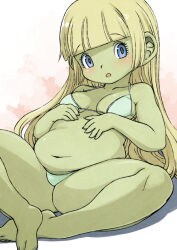 Rule 34 | 1girl, :o, bare arms, bare legs, bare shoulders, barefoot, belly, bikini, blonde hair, blue eyes, blunt bangs, breasts, cleavage, collarbone, colored skin, dragon quest, dragon quest x, dwarf (dq10), eyelashes, green skin, large ears, leaning back, long hair, medium breasts, muramasa mikado, navel, open mouth, shadow, sitting, solo, straight hair, swimsuit, white bikini