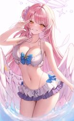 Rule 34 | 1girl, absurdres, bare arms, bikini, blue archive, blue bow, blush, bow, breasts, cleavage, collarbone, commentary, feathered wings, feathers, hair between eyes, halo, highres, jewelry, large breasts, long hair, looking at viewer, mika (blue archive), navel, necklace, pink hair, pink halo, ryu o, sidelocks, smile, solo, splashing, stomach, swimsuit, thighs, w, water, white bikini, white wings, wings, yellow eyes
