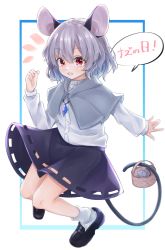 Rule 34 | animal ears, basket, black footwear, capelet, commentary request, crystal, full body, grey capelet, grey hair, grey skirt, gunsou1350, highres, holding, holding with tail, jewelry, loafers, long sleeves, mouse (animal), mouse ears, mouse girl, mouse tail, nazrin, pendant, prehensile tail, red eyes, shirt, shoes, short hair, skirt, socks, tail, thighs, touhou, white shirt, white socks