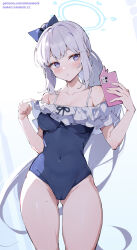 Rule 34 | 1girl, blue archive, blue halo, blue one-piece swimsuit, blush, bow, breasts, cellphone, covered navel, frilled one-piece swimsuit, frills, halo, highres, holding, holding phone, long hair, looking at phone, medium breasts, miyako (blue archive), miyako (swimsuit) (blue archive), official alternate costume, one-piece swimsuit, phone, ponytail, purple eyes, ribbon, sidelocks, simao (x x36131422), simple background, smartphone, solo, swimsuit, taking picture, thick thighs, thighs, very long hair, white background, white hair