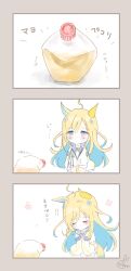 Rule 34 | 1girl, 3koma, ahoge, animal ears, artist name, blonde hair, blue eyes, blue hair, blush stickers, bowing, brown background, closed eyes, colored inner hair, comic, commentary request, highres, horse ears, horse girl, jacket, kabu usagi, long hair, long sleeves, mayonnaise, mayonnaise bottle, motion lines, multicolored hair, neo universe (umamusume), pun, sidelocks, signature, silent comic, sketch, sleeves past fingers, sleeves past wrists, sound effects, tail, translated, two-tone hair, umamusume, very long hair