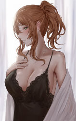 Rule 34 | 1girl, bad id, bad pixiv id, bare shoulders, black camisole, blurry, blurry background, blush, braid, breast suppress, breasts, camisole, cleavage, girls&#039; frontline, green eyes, hair between eyes, hand on own chest, highres, jewelry, large breasts, looking to the side, necklace, off shoulder, open clothes, orange hair, parted lips, ponytail, selcky, sideboob, sidelocks, solo, springfield (girls&#039; frontline)