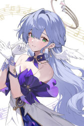 Rule 34 | 1girl, bare shoulders, blue hair, blush, breasts, detached collar, detached sleeves, dress, earrings, gloves, green eyes, hair between eyes, half updo, halo, hands up, head wings, honkai: star rail, honkai (series), jewel under eye, jewelry, long hair, looking at viewer, looking to the side, medium breasts, open mouth, parted lips, purple sleeves, rararamax, robin (honkai: star rail), short sleeves, simple background, solo, staff (music), strapless, strapless dress, upper body, white background, white dress, white gloves, wings