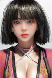 Rule 34 | 1girl, black eyes, black hair, blunt bangs, bob cut, breasts, choker, cleavage, closed mouth, collarbone, commentary, english commentary, expressionless, gradient background, grey background, highres, large breasts, looking at viewer, original, pink choker, portrait, realistic, red lips, ryan tien, short hair, solo