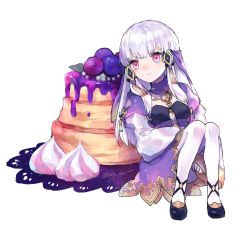 Rule 34 | 1girl, closed mouth, dessert, dress, fire emblem, fire emblem: three houses, food, hair ornament, highres, knees up, long hair, long sleeves, lysithea von ordelia, nintendo, pink eyes, repu (rep sha), shoes, simple background, sitting, solo, twitter username, white background, white hair, white legwear
