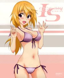 Rule 34 | 10s, 1girl, :d, absurdres, bikini, blonde hair, blush, breasts, cameltoe, charlotte dunois, cleavage, collarbone, cowboy shot, front-tie top, highres, infinite stratos, long hair, low ponytail, navel, open mouth, outstretched hand, pointing, pointing up, polka dot, polka dot background, purple bikini, purple eyes, scan, side-tie bikini bottom, smile, solo, string bikini, striped, striped background, swimsuit, yuuki homura