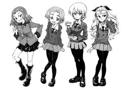 Rule 34 | 10s, 4girls, assam (girls und panzer), boots, bow, braid, closed mouth, commentary, cup, darjeeling (girls und panzer), dress shirt, emblem, epaulettes, girls und panzer, greyscale, hair bow, hair ornament, hair pulled back, hand in own hair, hand on own hip, head tilt, holding, holding cup, holding weapon, jacket, light smile, loafers, long hair, long sleeves, looking at viewer, medium hair, military, military uniform, miniskirt, mituki (mitukiiro), monochrome, multiple girls, necktie, open mouth, orange pekoe (girls und panzer), pantyhose, parted bangs, pleated skirt, rosehip (girls und panzer), school uniform, shirt, shoes, short hair, skirt, smile, st. gloriana&#039;s military uniform, st. gloriana&#039;s school uniform, standing, standing on one leg, sweater, teacup, twin braids, uniform, v-neck, weapon, wing collar