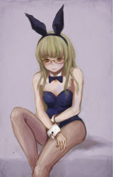 Rule 34 | 1girl, animal ears, blonde hair, bow, bowtie, detached collar, eyebrows, fake animal ears, frown, glasses, leotard, long hair, megrim haruyo, pantyhose, perrine h. clostermann, playboy bunny, rabbit ears, sitting, solo, strike witches, world witches series, wrist cuffs, yellow eyes