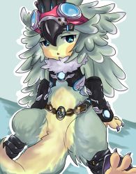 Rule 34 | 1girl, :o, aqua pupils, arms at sides, bad id, bad pixiv id, bare shoulders, belt, between legs, bird tail, black legwear, black shirt, claws, crop top, detached sleeves, digitigrade, eyelashes, facing viewer, feather hair, feathers, finch (xenoblade), flat chest, fur collar, gem, goggles, goggles on head, green hair, highres, long hair, long sleeves, looking at viewer, monster girl, nintendo, no nose, open mouth, outline, purple eyes, shirt, sitting, sleeveless, sleeveless shirt, solo, sonika (artist), tail, tail between legs, talons, toeless legwear, triangle mouth, white outline, xenoblade chronicles (series), xenoblade chronicles 2