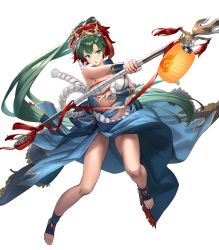 Rule 34 | 1girl, bare shoulders, breasts, cuboon, earrings, feet, female focus, fire emblem, fire emblem: the blazing blade, fire emblem heroes, full body, fur trim, green eyes, green hair, highres, holding, holding polearm, holding weapon, japanese clothes, jewelry, lantern, large breasts, lips, long hair, looking away, lyn (fire emblem), mask, mask on head, matching hair/eyes, medium breasts, nintendo, non-web source, official art, open mouth, paper lantern, polearm, ponytail, rope, sarashi, solo, spear, thighs, toes, transparent background, vambraces, weapon