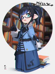 Rule 34 | 1girl, black-framed eyewear, black gloves, black hair, blue dress, blue eyes, blue hair, blue jacket, blurry, blurry background, blush, book, book stack, bookshelf, commentary, commission, depth of field, dress, glasses, gloves, hand up, highres, jacket, kuro kosyou, long sleeves, looking at viewer, multicolored hair, open mouth, original, semi-rimless eyewear, skeb commission, sleeves past wrists, solo, streaked hair, under-rim eyewear, wide sleeves