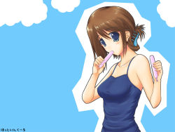 Rule 34 | 00s, 1girl, blue background, folded ponytail, hair between eyes, komaki manaka, one-piece swimsuit, school swimsuit, solo, swimsuit, to heart (series), to heart 2, tupet, wallpaper