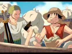 Rule 34 | 2boys, bandana, bandana around arm, black eyes, black hair, closed eyes, closed mouth, cloud, cloudy sky, commentary request, facial scar, food, green hair, hat, highres, holding, holding food, katana, letterboxed, male focus, monkey d. luffy, multiple boys, one piece, outdoors, red shirt, roronoa zoro, scar, scar on cheek, scar on face, shirt, short hair, short sleeves, sky, sleeveless, smile, straw hat, suzu (suzuran piece), sword, weapon, white shirt