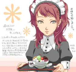 Rule 34 | atlus, earrings, food, fruit, green eyes, jewelry, kujikawa rise, maid, persona, persona 4, red hair, smile, translation request, tray, twintails, wankoro mochi
