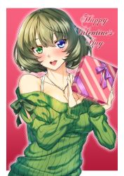 Rule 34 | 1girl, :d, bad id, bad pixiv id, bare shoulders, blue eyes, blush, box, bra strap, breasts, cleavage, commentary request, cross, cross necklace, gift, gift box, green eyes, green hair, happy valentine, heterochromia, highres, idolmaster, idolmaster cinderella girls, jewelry, large breasts, looking at viewer, mole, mole under eye, necklace, off-shoulder, off-shoulder sweater, off shoulder, open mouth, ribbed sweater, shirokuma a, short hair, smile, solo, sweater, takagaki kaede, upper body, valentine
