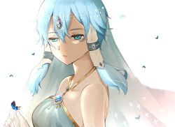Rule 34 | 1girl, bad id, bad pixiv id, blue eyes, blue hair, breasts, bug, butterfly, butterfly on hand, circlet, collarbone, from side, hair between eyes, hair tubes, half-closed eyes, highres, insect, medium breasts, open mouth, short hair with long locks, sidelocks, simple background, sinon (solus), solo, sugar (eugeo), sword art online, upper body, white background
